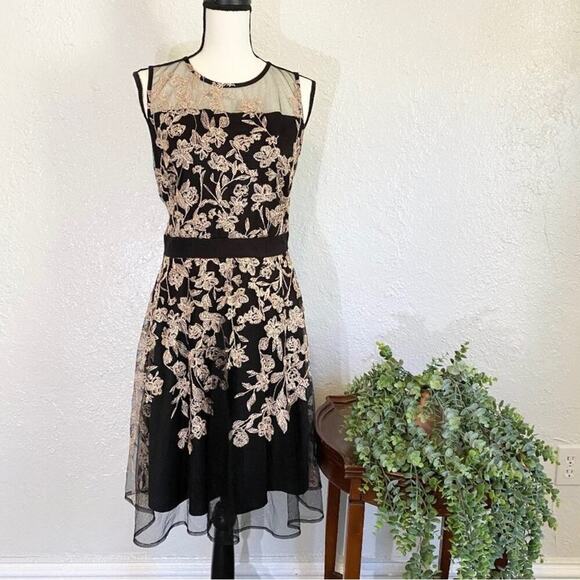 J. TAYLOR ~ Sheer Black Dress with Metallic Rose Gold Embroidery ~ Size 10 - Picture 1 of 7